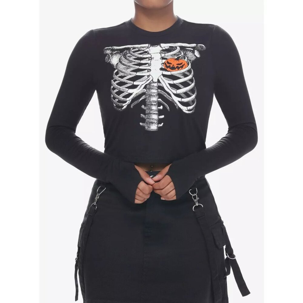 Social Collision Halloween Skeleton Ribcage Pumpkin Long Sleeve Crop Top Black L